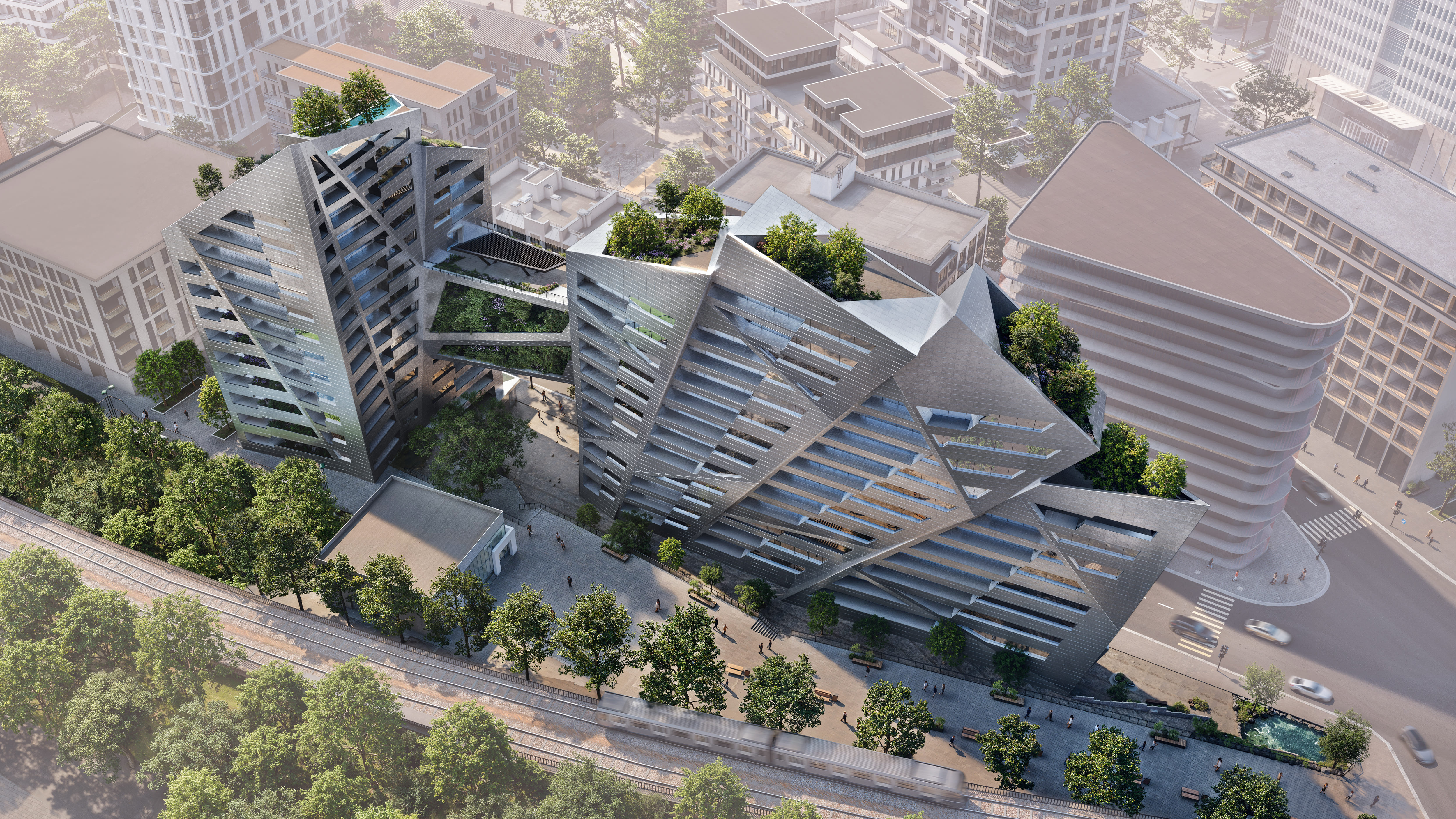 Fan d'Issy 以傾斜幾何立面設計，創造出稜角分明的扇形建築外觀。