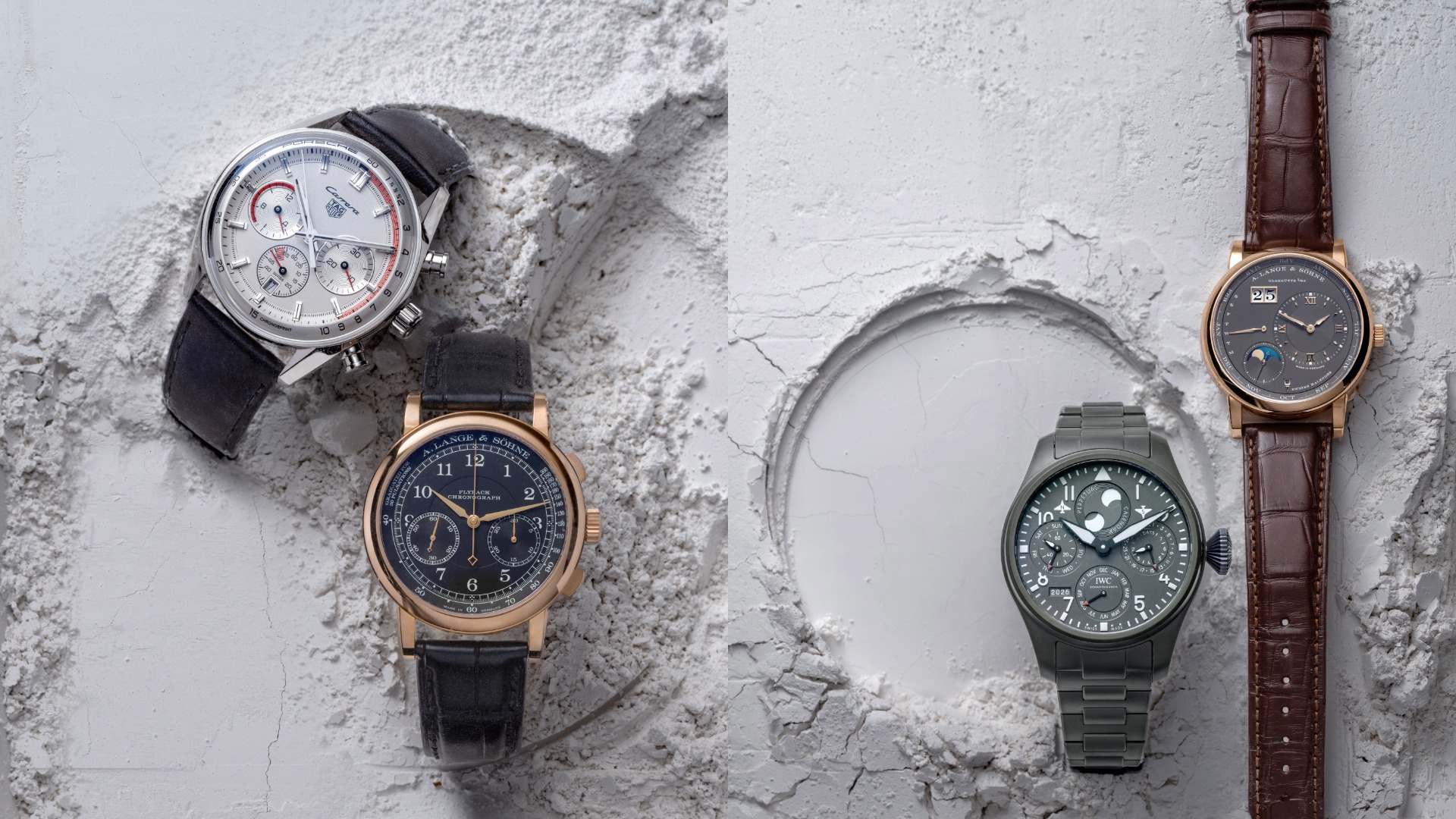 （左圖左）TAG Heuer Carrera Chronosprint x Porsche 計時腕錶。 （左圖右）A. Lange & Söhne 1815 Chronograph 計時腕錶。 （右圖左）IWC 大型飛行員系列 TOP GUN「森林地」萬年曆腕錶特別版。（右圖右）A. Lange & Söhne Lange 1 Perpetual Calendar 萬年曆腕錶。