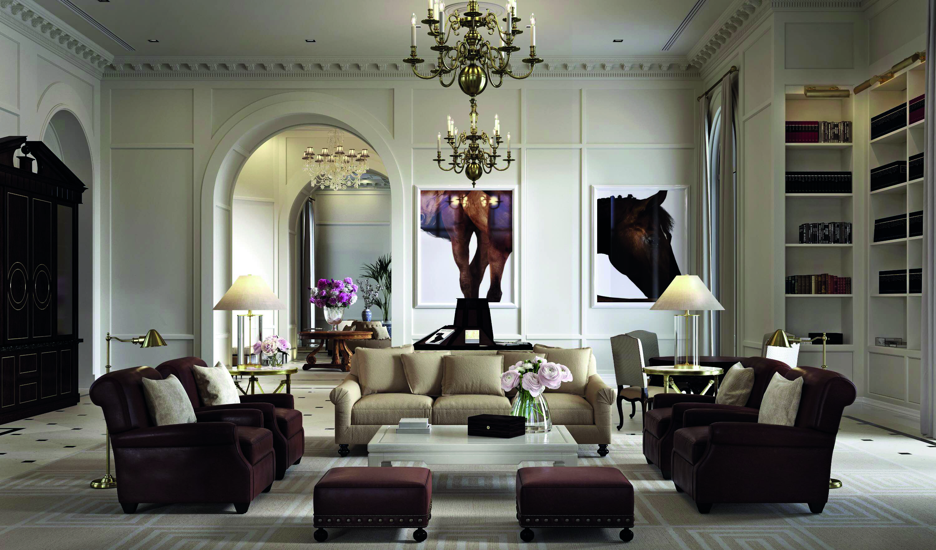 純手工雕刻的天花板與各個樑飾細節，讓家豪華而充滿溫潤情調。